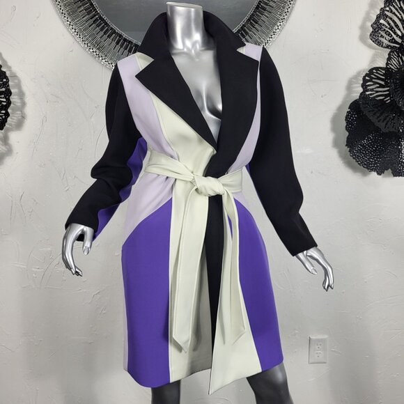 NWT~$695~TOCCIN~SZ S~STUNNING PURPLE BLACK BELTED COLORBLOCK TRENCH COAT JACKET - Picture 1 of 16